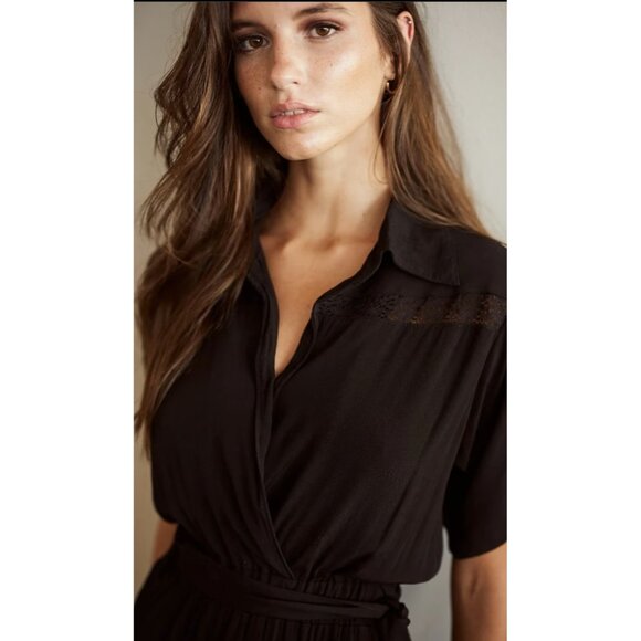 Aura The Label Genevieve Black Lattice Lace Deep V Neckline Midi Dress L - Picture 4 of 15
